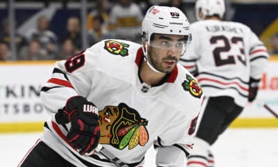 Chicago Blackhawks center Andreas Athanasiou (89) plays against the Nashville Predators during the second period of an NHL hockey game Thursday, March 16, 2023, in Nashville, Tenn. (AP Photo/Mark Zaleski)