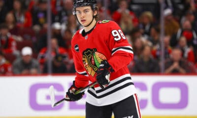 CHICAGO, IL - NOVEMBER 19: Connor Bedard #98 of the Chicago Blackhawks looks on during the first period against the Buffalo Sabres at the United Center on November 19, 2023 in Chicago, Illinois. (Photo by Melissa Tamez/Icon Sportswire)