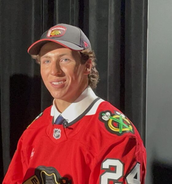 AJ Spellacy addresses the media after being drafted by the Chicago Blackhawks at the 2024 NHL Draft.