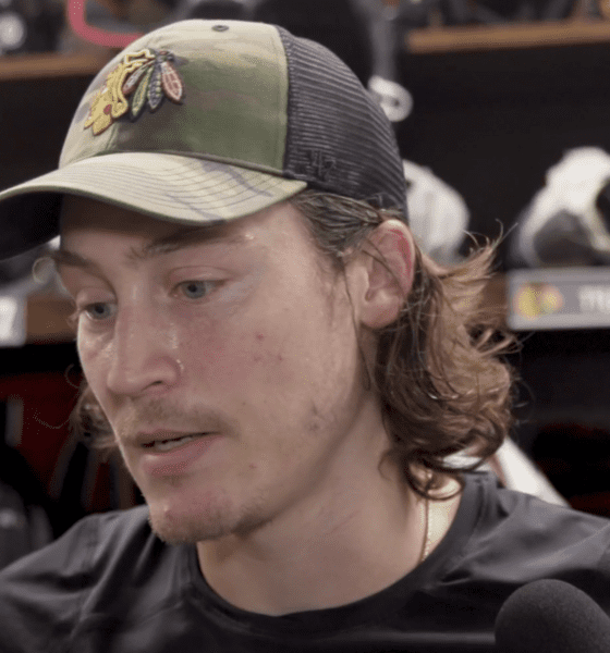 Blackhawks forward Tyler Bertuzzi speaks with the media following practice on Sept. 20.