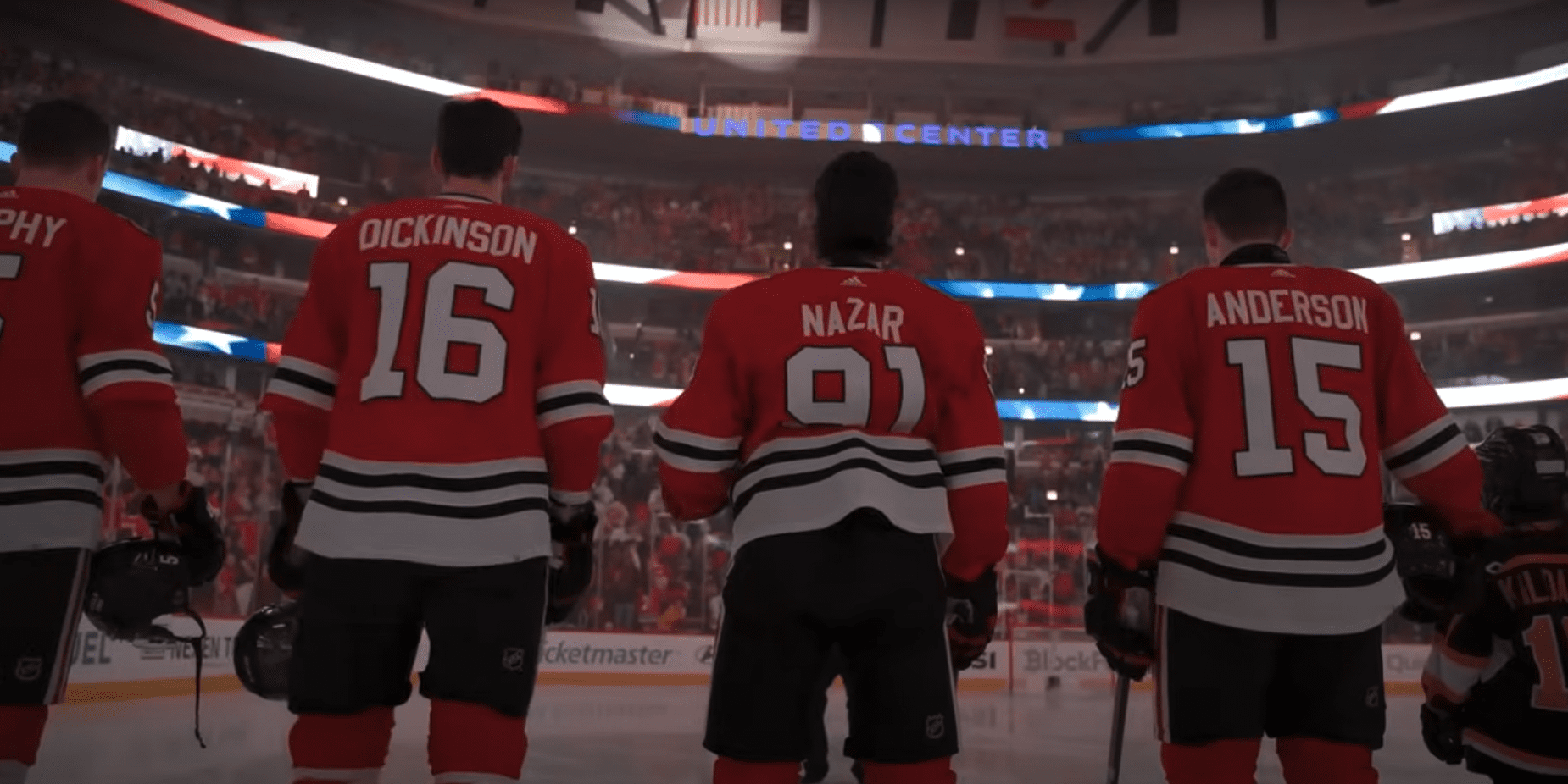 Blackhawks players lineup for the national anthem.