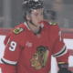 AJ Spellacy skates to the bench during the Chicago Blackhawks preseason opener against the Detroit Red Wings mid way through the first period.