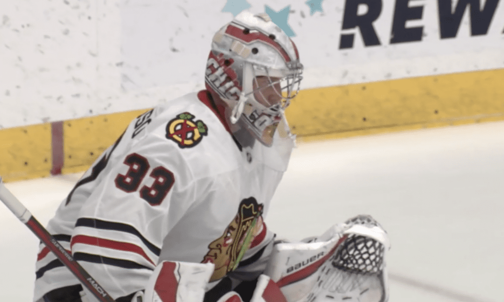 Drew Commesso faces pucks in net for the Chicago Blackhawks at the Tom Kurvers Prospect Showcase on Sept. 13.