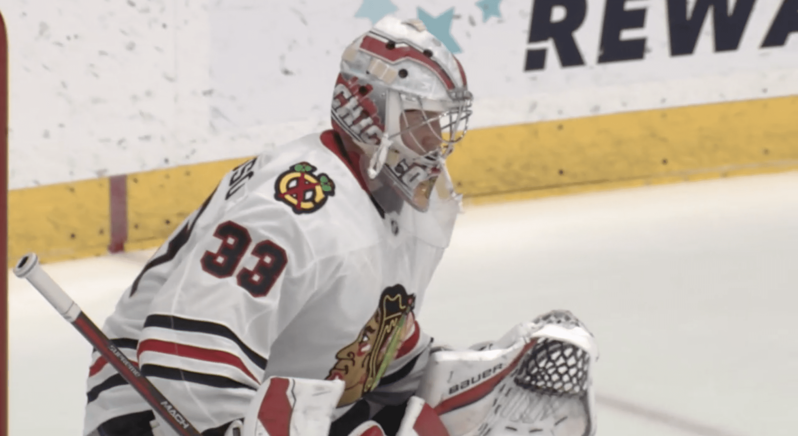 Drew Commesso faces pucks in net for the Chicago Blackhawks at the Tom Kurvers Prospect Showcase on Sept. 13.