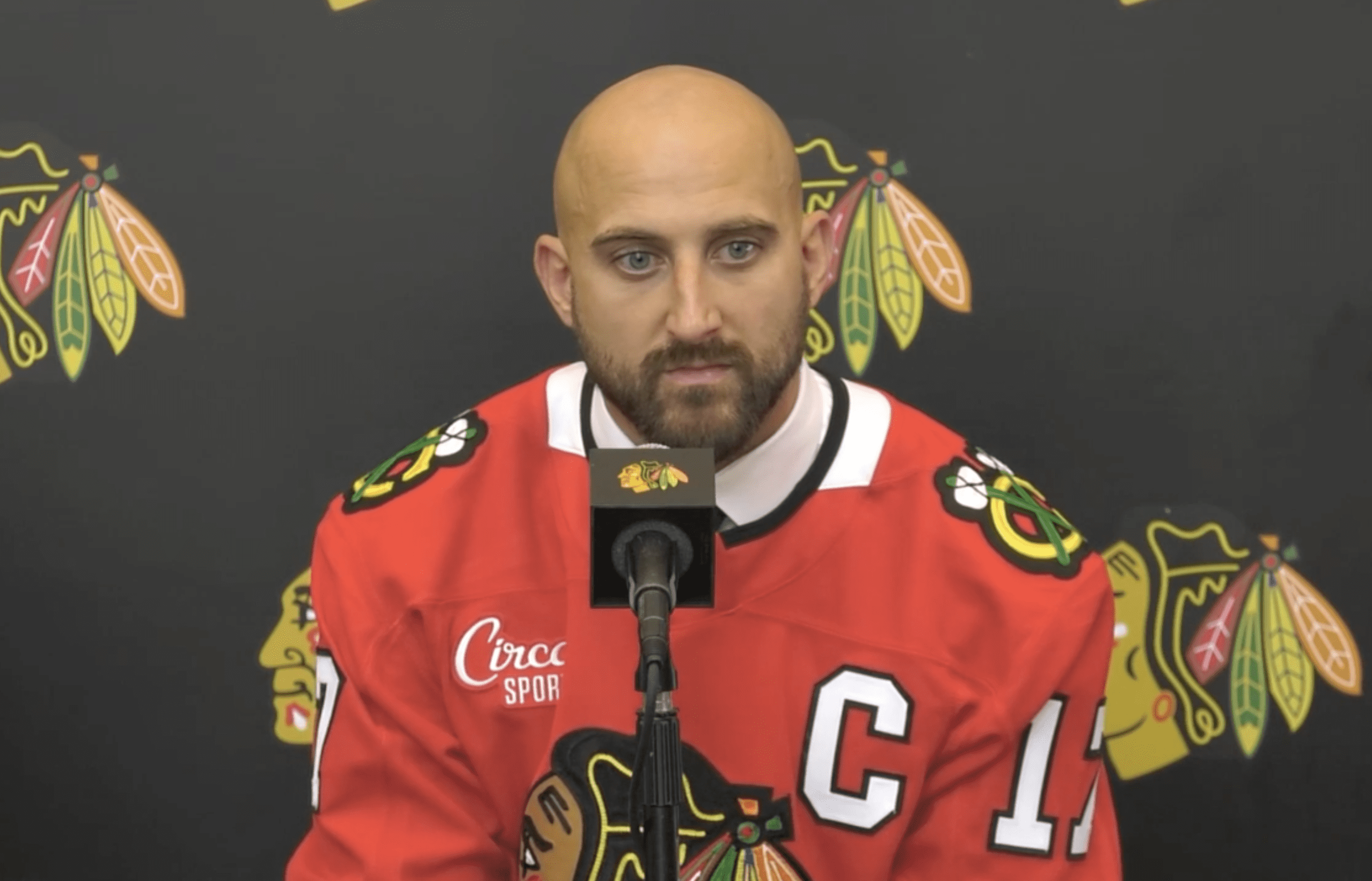 Nick Foligno addresses the media after being named captain of the Chicago Blackhawks.