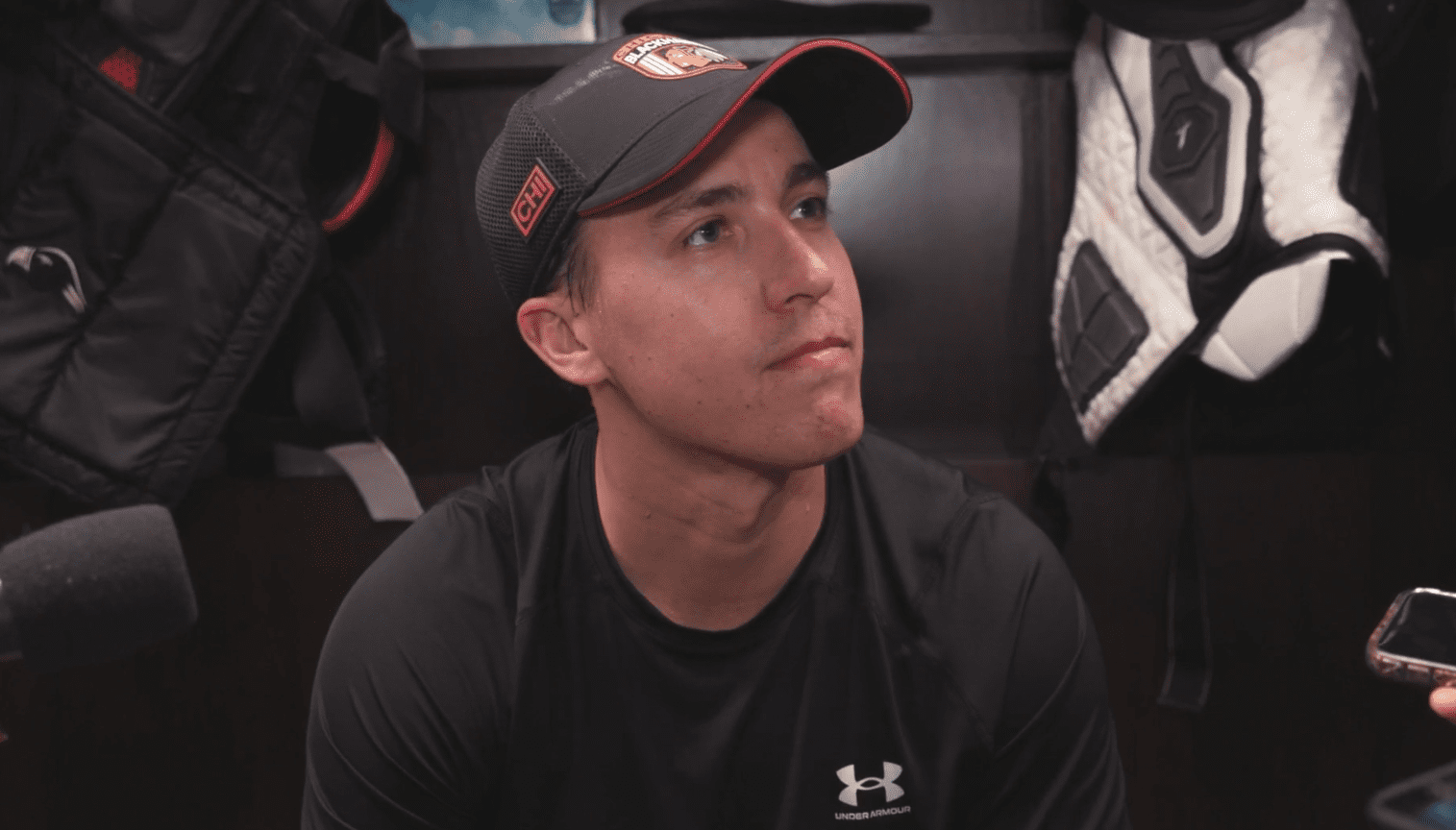 Teuvo Teravainen addresses the media after practice with the Chicago Blackhawks on Sept. 21.