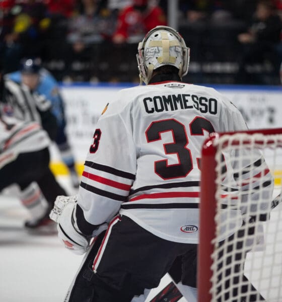 Drew Commesso #33 of the Rockford IceHogs takes in the game from the crease.