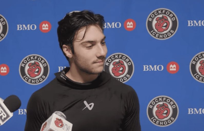 Frank Nazar takes questions from the media following his goal and assist AHL debut with the Rockford IceHogs.