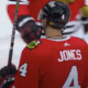 Seth Jones #4 scores the Blackhawks game winning goal against the Buffalo Sabres in December 2023.