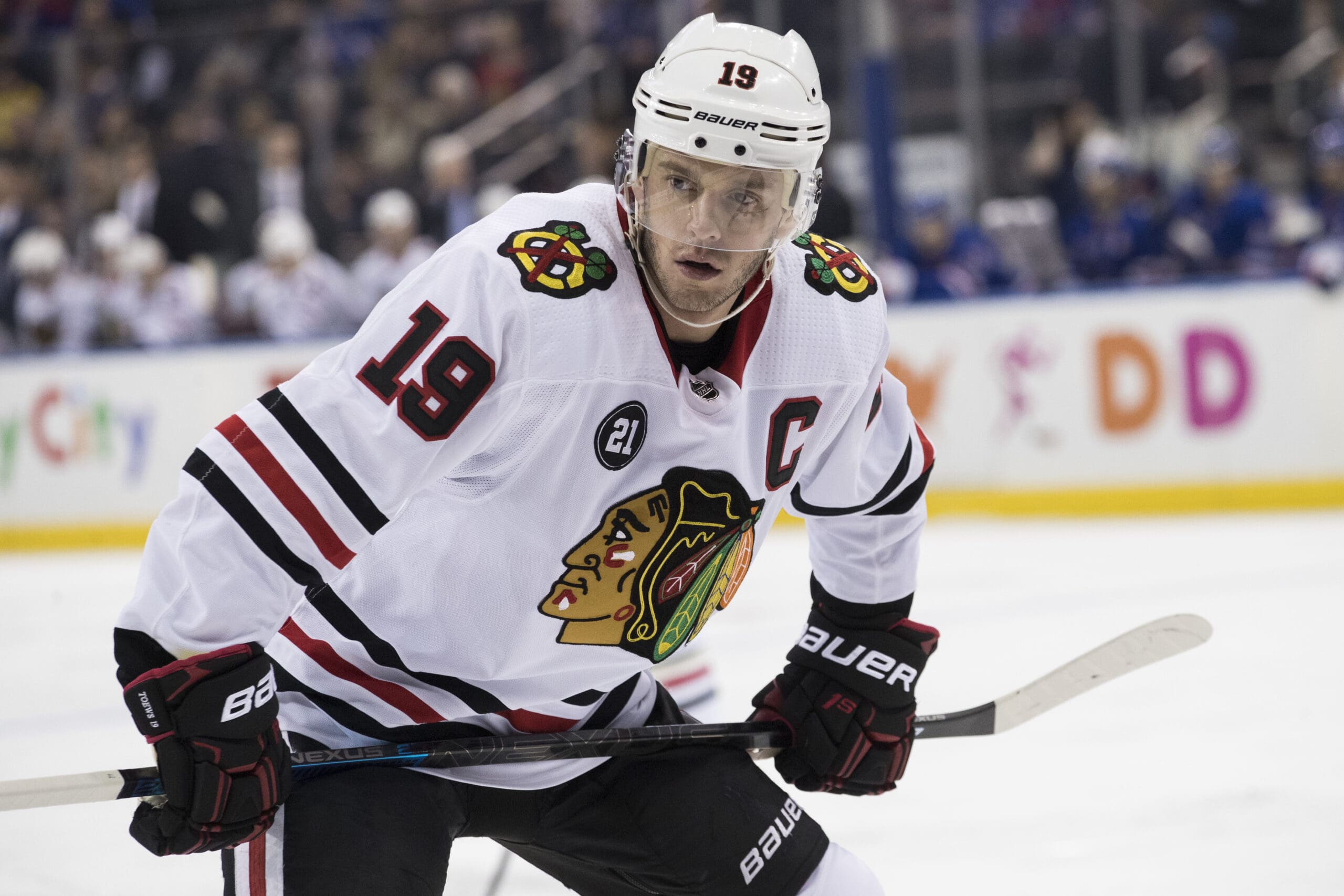 Chicago Blackhawks center Jonathan Toews lines up for a face-off in the first period of an NHL hockey game against the New York Rangers, Thursday, Jan. 17, 2019, at Madison Square Garden in New York. (AP Photo/Mary Altaffer)